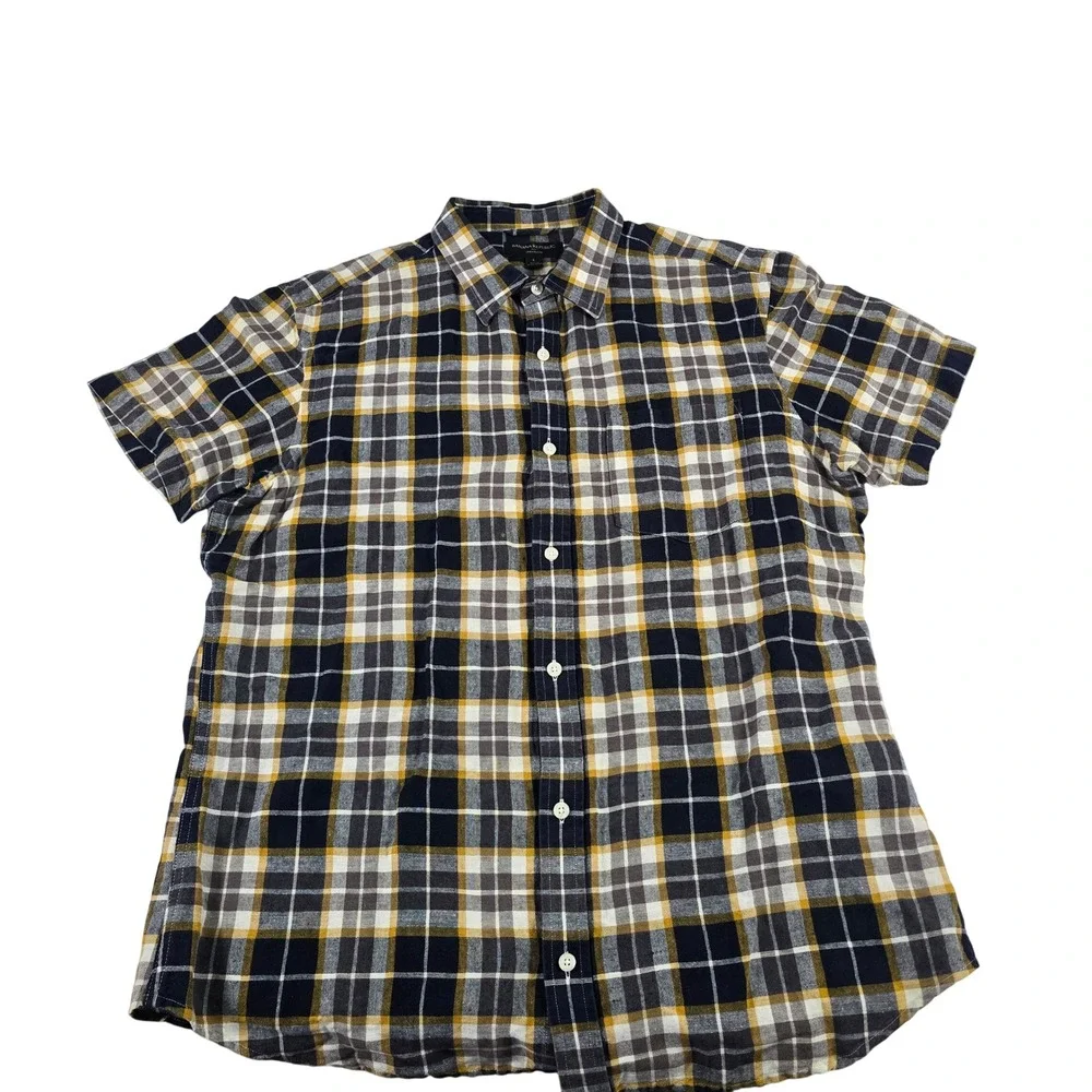 Banana Republic Mens L Linen Plaid Short Sleeve‎ Button Down Shirt Navy Yellow
